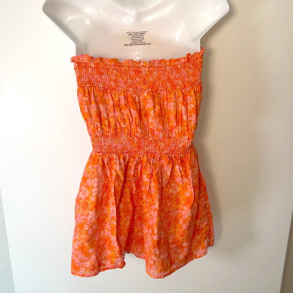 Revolve RESTON ROMPER Size XS Mitsy Ditsy Floral Orange Pink Cotton Strapless - Picture 2 of 7